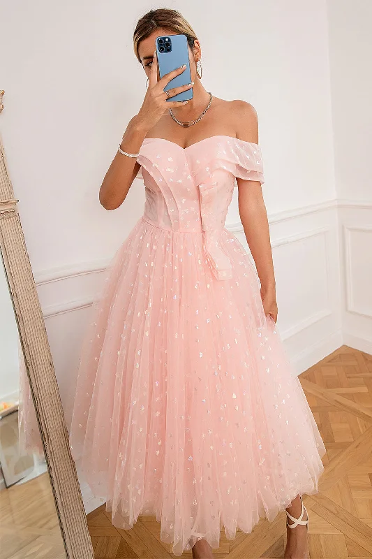 "A - line dresses for women to flatter the figure"Pink Off Shoulder Hearts Prom Dress "A - line dresses for women to flatter the figure"Pink Off Shoulder Hearts Prom Dress