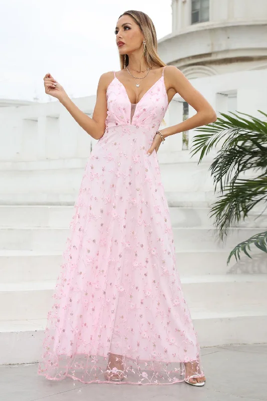 "Maxi dresses for women to wear in the fall"Pink Spaghetti Straps Prom Dress with Flowers "Maxi dresses for women to wear in the fall"Pink Spaghetti Straps Prom Dress with Flowers