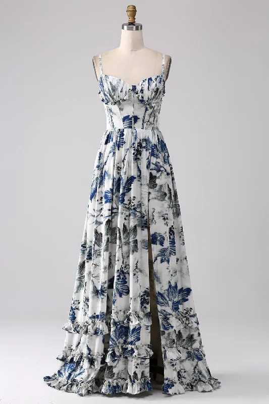 "Long sleeve dresses for women in cold weather"Pleated Blue Printed Corset Long Prom Dress with Slit