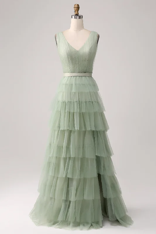 "Petite women's dresses with flattering fits"Pleated Tiered Green Prom Dress with Slit "Petite women's dresses with flattering fits"Pleated Tiered Green Prom Dress with Slit