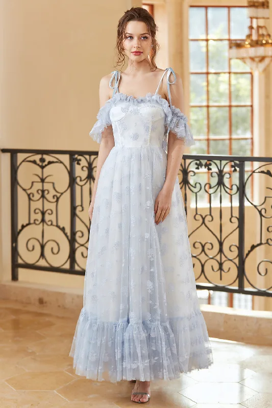 "Boho wedding dresses for women for a free - spirited vibe"Princess A Line Off the Shoulder Light Blue Long Prom Dress "Boho wedding dresses for women for a free - spirited vibe"Princess A Line Off the Shoulder Light Blue Long Prom Dress