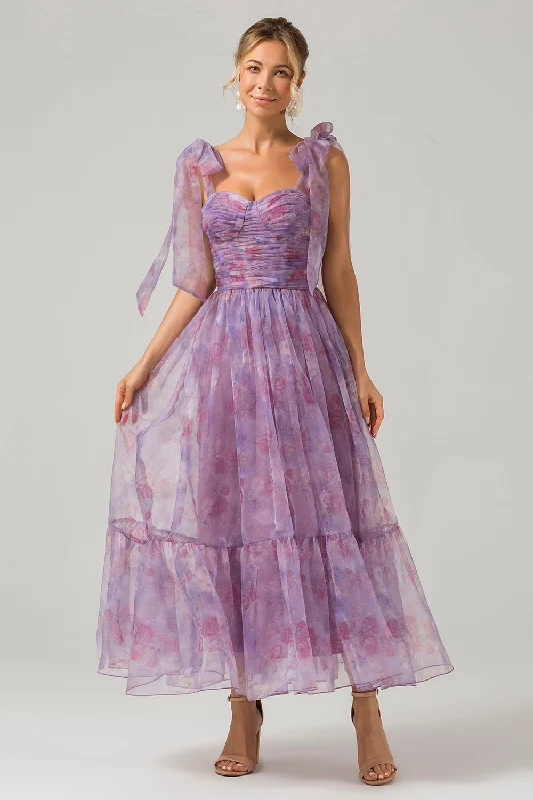 "Sustainable and eco - friendly women's dresses"Purple A Line Pleated Printed Tea-Length Prom Dress "Sustainable and eco - friendly women's dresses"Purple A Line Pleated Printed Tea-Length Prom Dress
