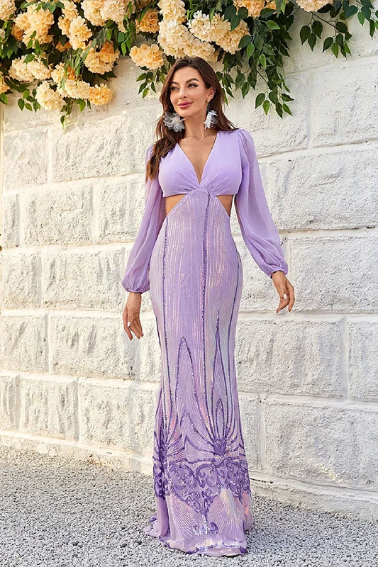 "White dresses for women for a fresh and clean look"Purple Cut Out Sequins Long Sleeves Prom Dress with Lace-up Back "White dresses for women for a fresh and clean look"Purple Cut Out Sequins Long Sleeves Prom Dress with Lace-up Back