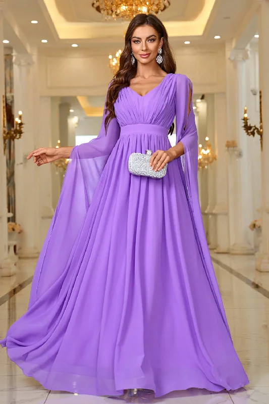 "Bohemian - style women's dresses for music festivals"Purple A Line V Neck Long Sleeves Chiffon Prom Dress "Bohemian - style women's dresses for music festivals"Purple A Line V Neck Long Sleeves Chiffon Prom Dress