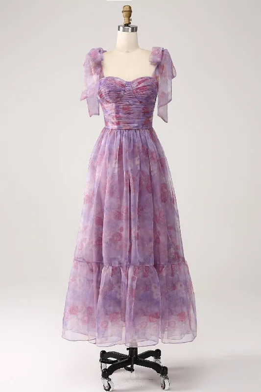 "Beaded dresses for women for a glamorous look"Purple Printed A Line Pleated Long Prom Dress "Beaded dresses for women for a glamorous look"Purple Printed A Line Pleated Long Prom Dress