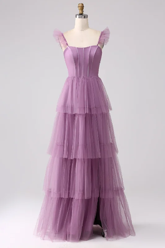 "Maxi dresses for women to wear in the fall"Purple A Line Tulle Tiered Pleated Long Prom Dress with Slit "Maxi dresses for women to wear in the fall"Purple A Line Tulle Tiered Pleated Long Prom Dress with Slit