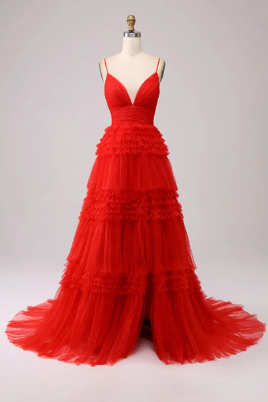 "Off - shoulder dresses for women to show off collarbones"Red A Line Spaghetti Straps Long Prom Dress with Ruffles