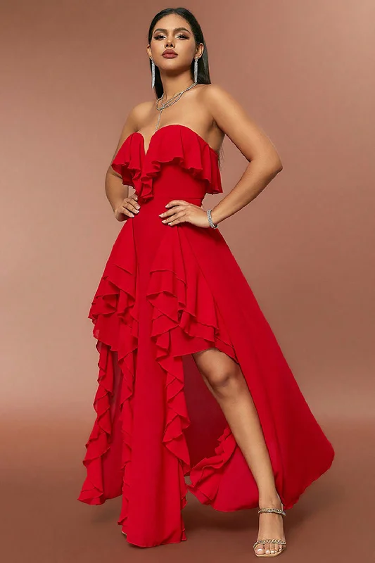 "Vintage - look women's dresses for a retro charm"Red Strapless A Line Prom Dress with Ruffles "Vintage - look women's dresses for a retro charm"Red Strapless A Line Prom Dress with Ruffles