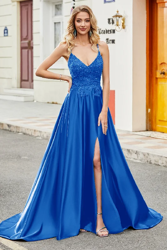 "Beach wedding dresses for women for a laid - back ceremony"Royal Blue A Line Spaghetti Straps Long Backless Prom Dress with Appliques "Beach wedding dresses for women for a laid - back ceremony"Royal Blue A Line Spaghetti Straps Long Backless Prom Dress with Appliques