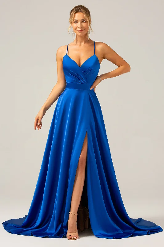 "Ruffled dresses for women for added femininity"Royal Blue A Line Spaghetti Straps Satin Long Prom Bridesmaid Dress with Slit "Ruffled dresses for women for added femininity"Royal Blue A Line Spaghetti Straps Satin Long Prom Bridesmaid Dress with Slit