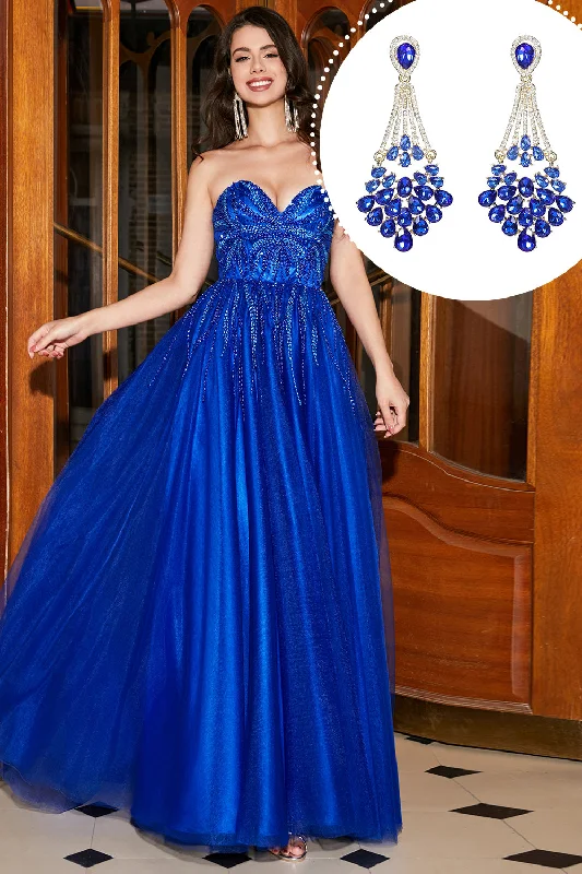 "Short dresses for women for a night out clubbing"Royal Blue A-Line Sweetheart Long Beaded Prom Dress with Accessory "Short dresses for women for a night out clubbing"Royal Blue A-Line Sweetheart Long Beaded Prom Dress with Accessory