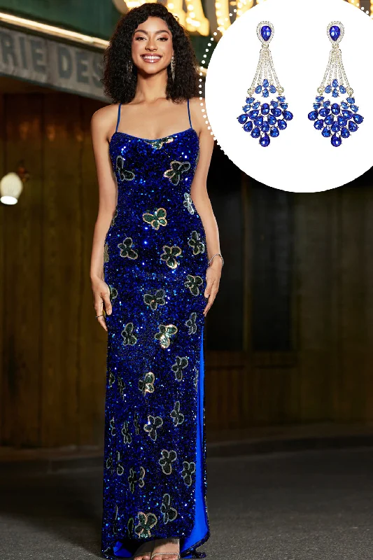 "Graduation dresses for women to celebrate in style"Royal Blue Mermaid Spaghetti Straps Sequins Long Prom Dress with Accessory