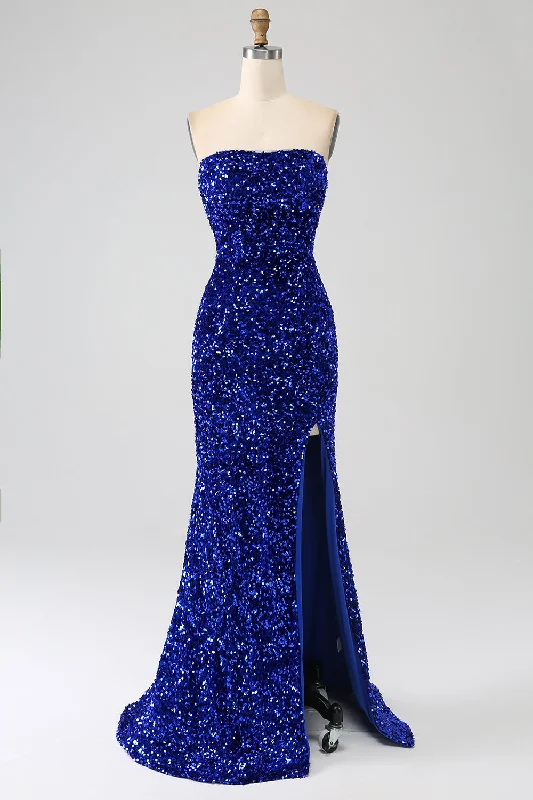 "Limited - Time Offer: Up to 50% Off on Women's Dresses!"Royal Blue Mermaid Strapless Sequins Long Prom Dress With Slit "Limited - Time Offer: Up to 50% Off on Women's Dresses!"Royal Blue Mermaid Strapless Sequins Long Prom Dress With Slit