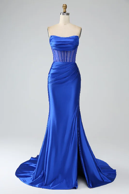 "Exclusive Discount: 30% Off All Women's Dresses for a Limited Period"Royal Blue Mermaid Strapless Pleated Corset Long Prom Dress with Slit "Exclusive Discount: 30% Off All Women's Dresses for a Limited Period"Royal Blue Mermaid Strapless Pleated Corset Long Prom Dress with Slit