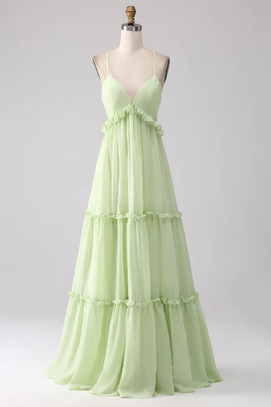 "Sustainable and eco - friendly women's dresses"Ruffles A Line Green Bridesmaid Dress with Lace-up Back "Sustainable and eco - friendly women's dresses"Ruffles A Line Green Bridesmaid Dress with Lace-up Back
