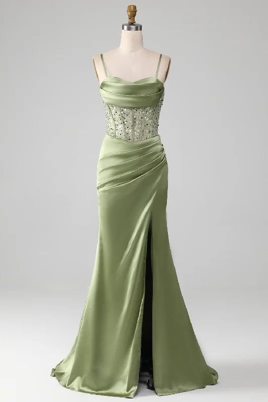 "Sleeveless dresses for women during hot summer days"Mermaid Spaghetti Straps Sage Corset Prom Dress with Split Front "Sleeveless dresses for women during hot summer days"Mermaid Spaghetti Straps Sage Corset Prom Dress with Split Front