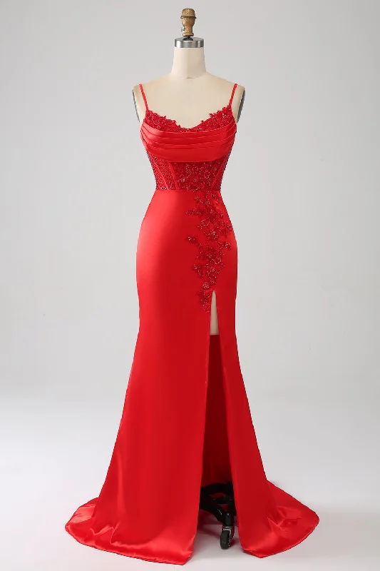 "Chiffon dresses for women with a flowy and light feel"Satin Mermaid Beaded Red Prom Dress with Slit "Chiffon dresses for women with a flowy and light feel"Satin Mermaid Beaded Red Prom Dress with Slit