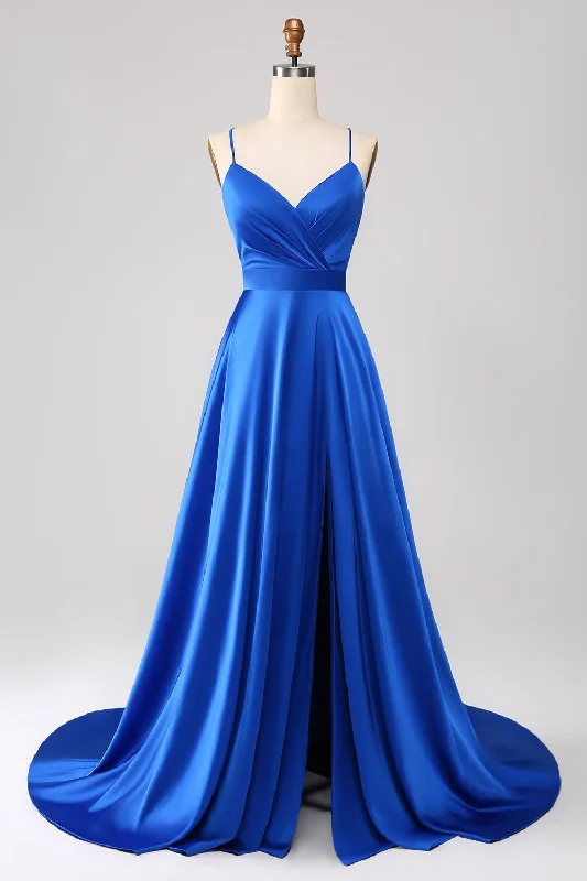 "Plus size formal dresses for women for special events"Royal Blue A Line Spaghetti Straps Satin Prom Dress with Slit "Plus size formal dresses for women for special events"Royal Blue A Line Spaghetti Straps Satin Prom Dress with Slit