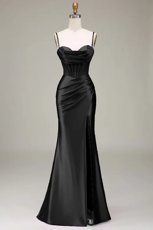 "Designer - inspired women's evening dresses"Satin Spaghetti Straps Black Prom Dress with Corset "Designer - inspired women's evening dresses"Satin Spaghetti Straps Black Prom Dress with Corset