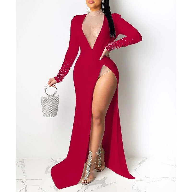 High - Neck Maxi Dresses for a Modest LookFashionSierra - Women Diamonds Long Sleeve Party Dress High - Neck Maxi Dresses for a Modest LookFashionSierra - Women Diamonds Long Sleeve Party Dress