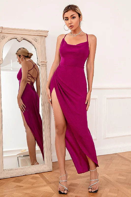 "Lace dresses for women for a romantic and elegant look"Sheath Halter Fuchsia Party Dress with Cris Cross Back "Lace dresses for women for a romantic and elegant look"Sheath Halter Fuchsia Party Dress with Cris Cross Back