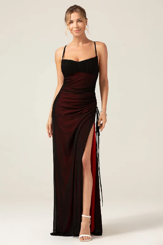 "Animal print dresses for women who love bold styles"Sheath Spaghetti Straps Floor Length Black Red Bridesmaid Dress "Animal print dresses for women who love bold styles"Sheath Spaghetti Straps Floor Length Black Red Bridesmaid Dress