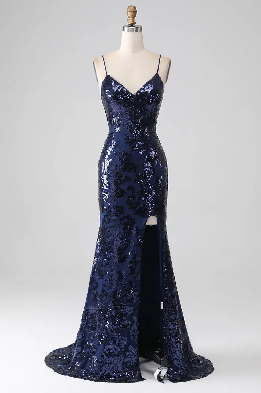 "Designer - inspired women's evening dresses"Shimmering Sequin Mermaid Spaghetti Strap Prom Dress with Slit "Designer - inspired women's evening dresses"Shimmering Sequin Mermaid Spaghetti Strap Prom Dress with Slit
