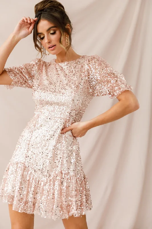 "Designer - inspired women's evening dresses"Shine On Sequin Overlay Puff Sleeve Dress Gold "Designer - inspired women's evening dresses"Shine On Sequin Overlay Puff Sleeve Dress Gold
