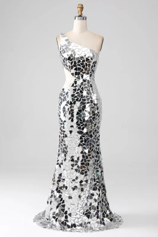 "Homecoming dresses for women to stand out"Silver Mirror Sequins One Shoulder Prom Dress with Hollow-out "Homecoming dresses for women to stand out"Silver Mirror Sequins One Shoulder Prom Dress with Hollow-out