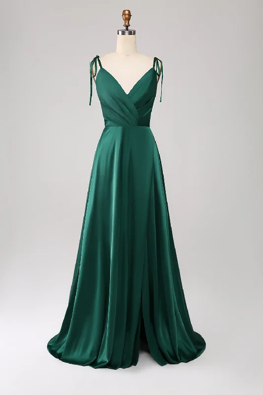 "Graduation dresses for women to celebrate in style"Simple Dark Green Spaghetti Straps Ruched Prom Dress with Slit "Graduation dresses for women to celebrate in style"Simple Dark Green Spaghetti Straps Ruched Prom Dress with Slit