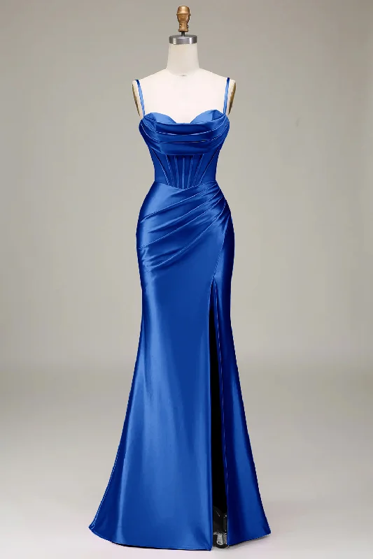 "Animal print dresses for women who love bold styles"Simple Mermaid Spaghetti Straps Royal Blue Corset Prom Dress with Split Front "Animal print dresses for women who love bold styles"Simple Mermaid Spaghetti Straps Royal Blue Corset Prom Dress with Split Front