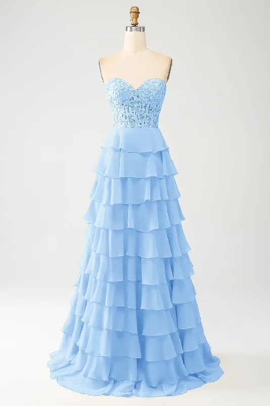"Lace dresses for women for a romantic and elegant look"Sky Blue A-Line Sweetheart Tiered Corset Long Prom Dress "Lace dresses for women for a romantic and elegant look"Sky Blue A-Line Sweetheart Tiered Corset Long Prom Dress