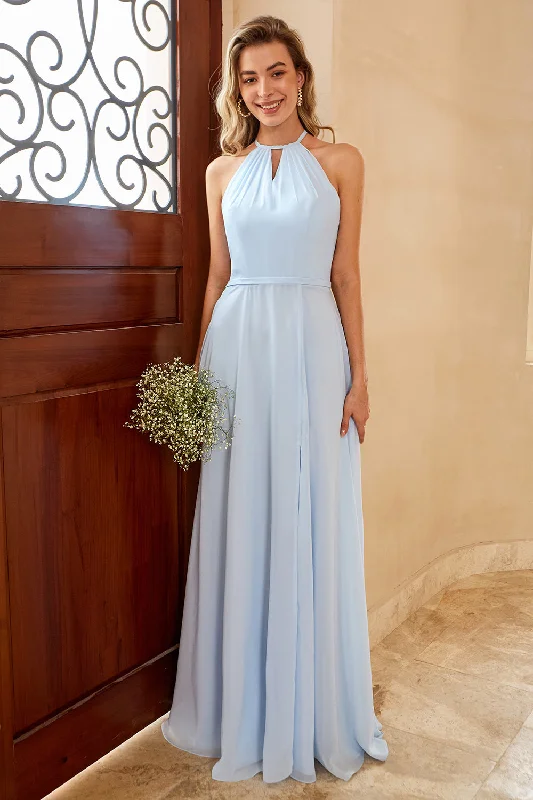 "Trendy casual dresses for women to wear at the beach"Sky Blue Long Chiffon Bridesmaid Dress with Slit "Trendy casual dresses for women to wear at the beach"Sky Blue Long Chiffon Bridesmaid Dress with Slit