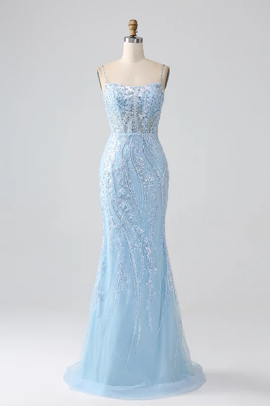 "Off - shoulder dresses for women to show off collarbones"Sky Blue Sparkly Mermaid Corset Prom Dress with Sequins "Off - shoulder dresses for women to show off collarbones"Sky Blue Sparkly Mermaid Corset Prom Dress with Sequins