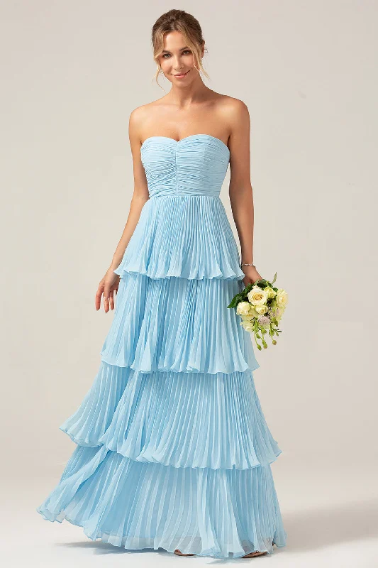 "Striped dresses for women with a classic touch"Sky Blue Sweetheart Pleated Tiered Long Bridesmaid Dress "Striped dresses for women with a classic touch"Sky Blue Sweetheart Pleated Tiered Long Bridesmaid Dress