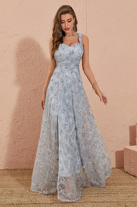 "Red dresses for women to make a bold statement"Sliver Grey A Line Floral Embroidery Long Prom Dress with Slit "Red dresses for women to make a bold statement"Sliver Grey A Line Floral Embroidery Long Prom Dress with Slit