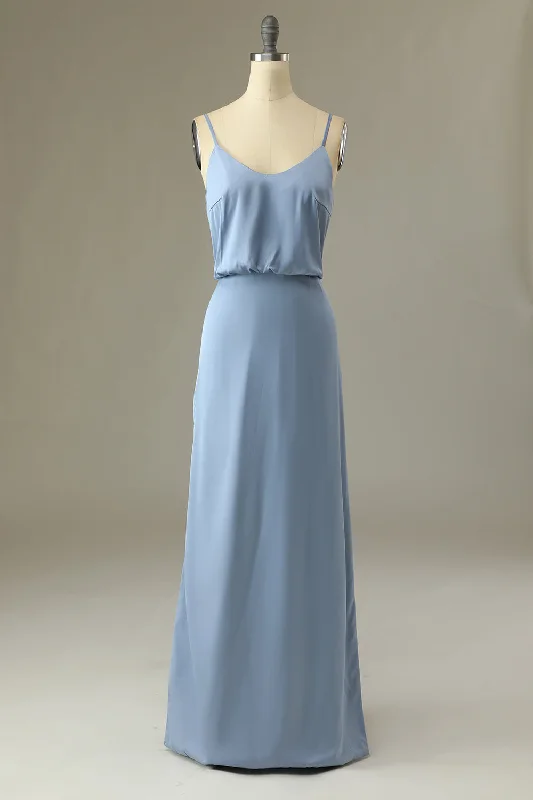 "Striped dresses for women with a classic touch"Spaghetti Straps Grey Blue Long Bridesmaid Dress "Striped dresses for women with a classic touch"Spaghetti Straps Grey Blue Long Bridesmaid Dress
