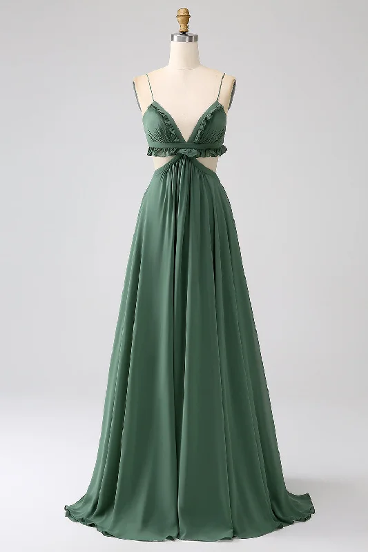 Clearance Sale: Women's Dresses Spaghetti Straps Ruffles Green Hollow-out Long Bridesmaid Dress Clearance Sale: Women's Dresses Spaghetti Straps Ruffles Green Hollow-out Long Bridesmaid Dress