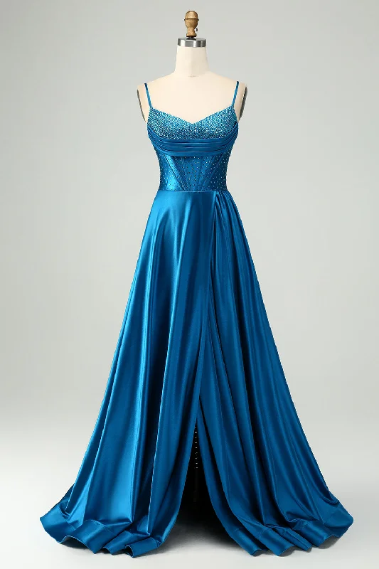 "Vintage - look women's dresses for a retro charm"Sparkly Dark Blue A Line Corset Beaded Long Prom Dress With Slit "Vintage - look women's dresses for a retro charm"Sparkly Dark Blue A Line Corset Beaded Long Prom Dress With Slit