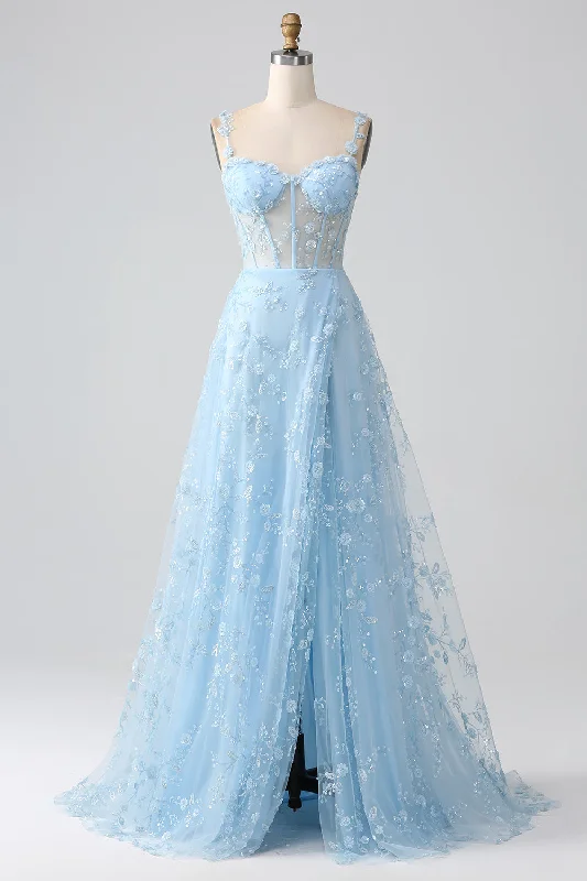 "Lace dresses for women for a romantic and elegant look"Sparkly Blue A Line Spaghetti Straps Sequin Corset Prom Dress With Slit "Lace dresses for women for a romantic and elegant look"Sparkly Blue A Line Spaghetti Straps Sequin Corset Prom Dress With Slit