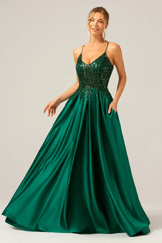 "Beaded dresses for women for a glamorous look"Sparkly Dark Green A-Line Spaghetti Straps Long Prom Dress with Pockets "Beaded dresses for women for a glamorous look"Sparkly Dark Green A-Line Spaghetti Straps Long Prom Dress with Pockets