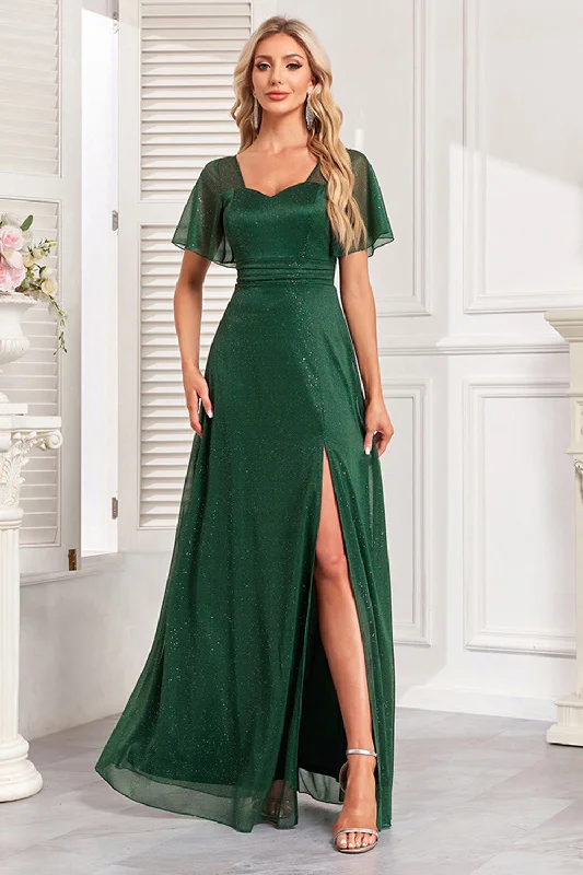"Elegant wedding guest dresses for women under $100"Sparkly Dark Green A Line Long Prom Dress With Slit "Elegant wedding guest dresses for women under $100"Sparkly Dark Green A Line Long Prom Dress With Slit