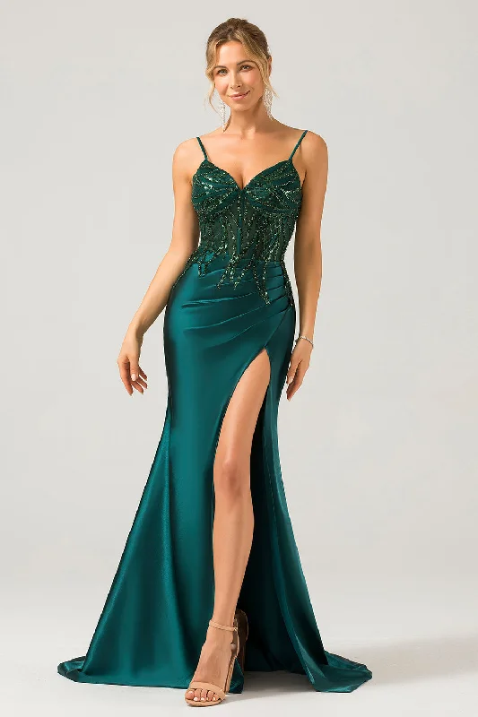 "Long sleeve dresses for women in cold weather"Sparkly Dark Green Mermaid Sequin Pleated Corset Long Prom Dress With Slit "Long sleeve dresses for women in cold weather"Sparkly Dark Green Mermaid Sequin Pleated Corset Long Prom Dress With Slit