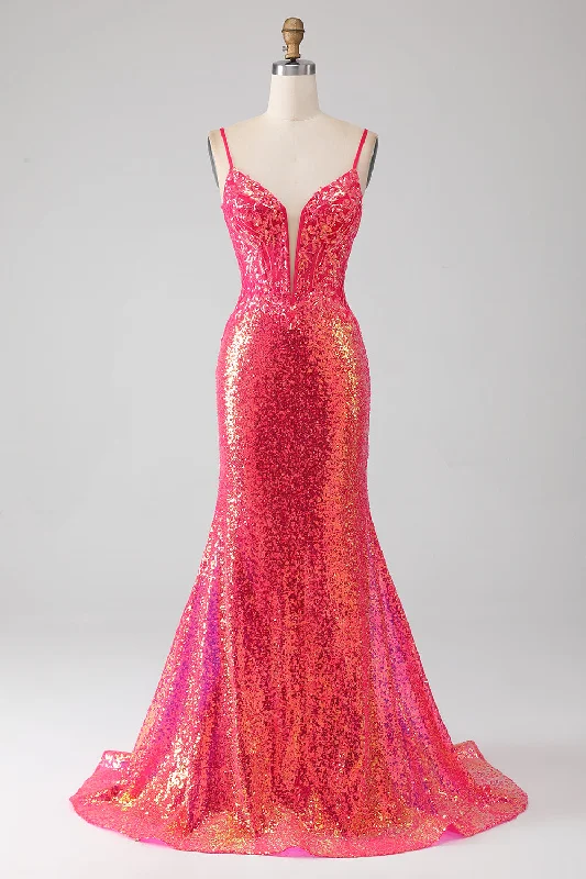 "Sequined dresses for women to shine at parties"Sparkly Mermaid Fuchsia Prom Dress with Sequins "Sequined dresses for women to shine at parties"Sparkly Mermaid Fuchsia Prom Dress with Sequins