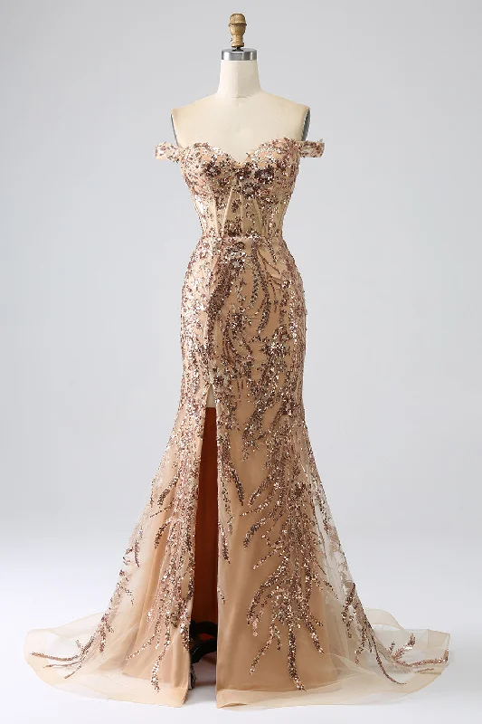 "Satin dresses for women for a luxurious appearance"Sparkly Mermaid Off The Shoulder Golden Corset Prom Dress with Slit "Satin dresses for women for a luxurious appearance"Sparkly Mermaid Off The Shoulder Golden Corset Prom Dress with Slit