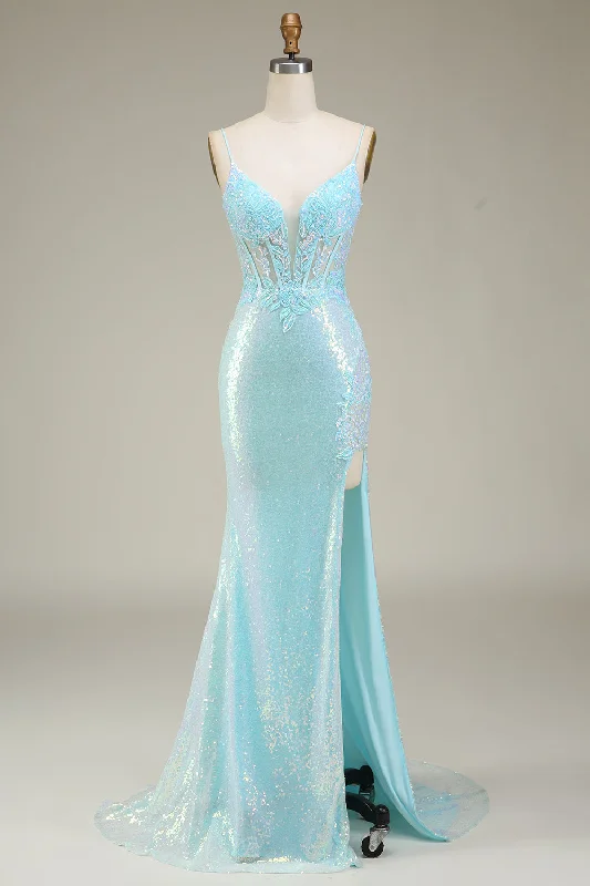 "Maxi dresses for women to wear in the fall"Light Blue Sparkly Mermaid Sequin Prom Dress with Slit "Maxi dresses for women to wear in the fall"Light Blue Sparkly Mermaid Sequin Prom Dress with Slit