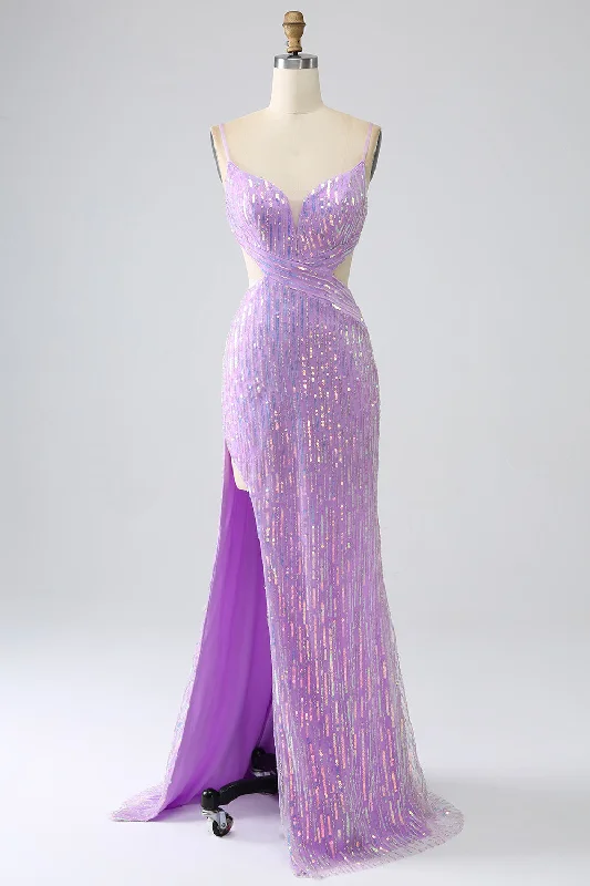 "Pleated dresses for women with a graceful movement"Sparkly Mermaid Spaghetti Straps Sequins Prom Dress with Slit "Pleated dresses for women with a graceful movement"Sparkly Mermaid Spaghetti Straps Sequins Prom Dress with Slit