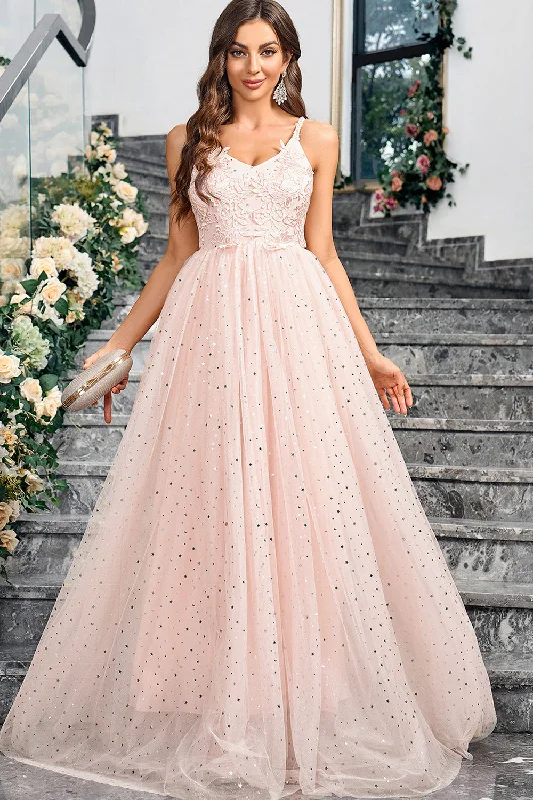 "Seasonal Sale: Save Big on Women's Dresses for Every Occasion"Sparkly Pink A Line Spaghetti Straps Long Prom Dress With Appliques
