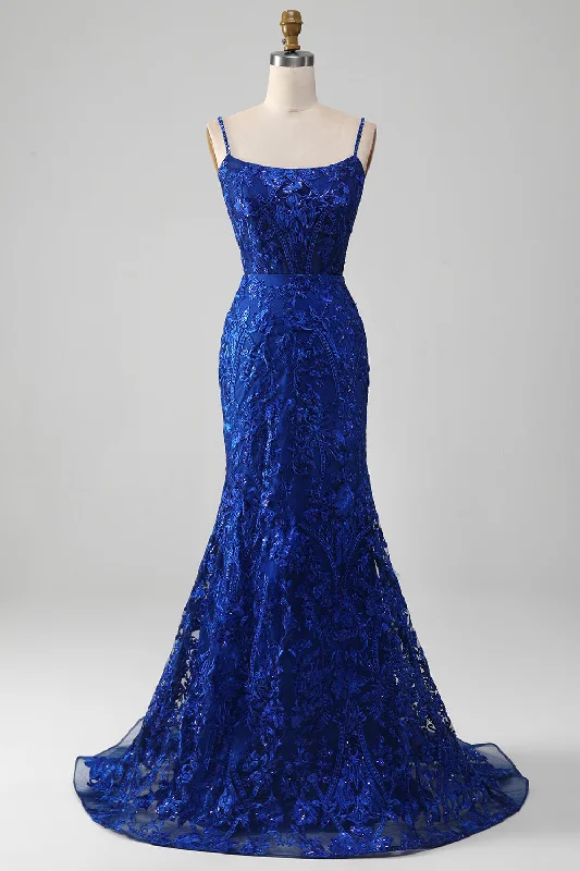 "Ruffled dresses for women for added femininity"Sparkly Royal Blue Mermaid Spaghetti Straps Long Prom Dress With Appliques "Ruffled dresses for women for added femininity"Sparkly Royal Blue Mermaid Spaghetti Straps Long Prom Dress With Appliques