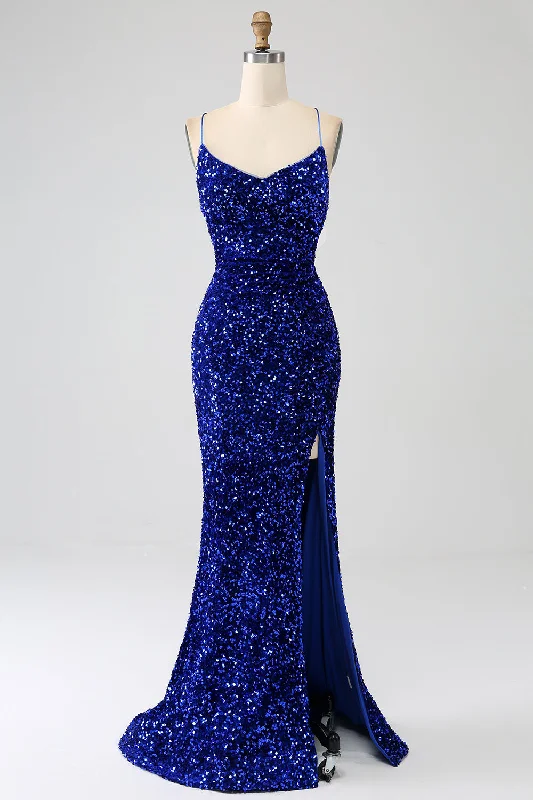 "Exclusive Discount: 30% Off All Women's Dresses for a Limited Period"Sparkly Royal Blue Mermaid Spaghetti Straps Sequin Long Prom Dress With Split "Exclusive Discount: 30% Off All Women's Dresses for a Limited Period"Sparkly Royal Blue Mermaid Spaghetti Straps Sequin Long Prom Dress With Split